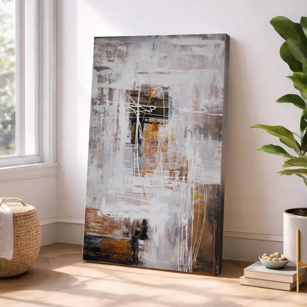 Capas neutras y trazos blancos sobre tierras