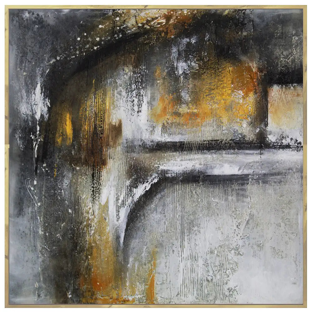 Cuadro abstracto pintado a mano con textura en tonos dorados y gris