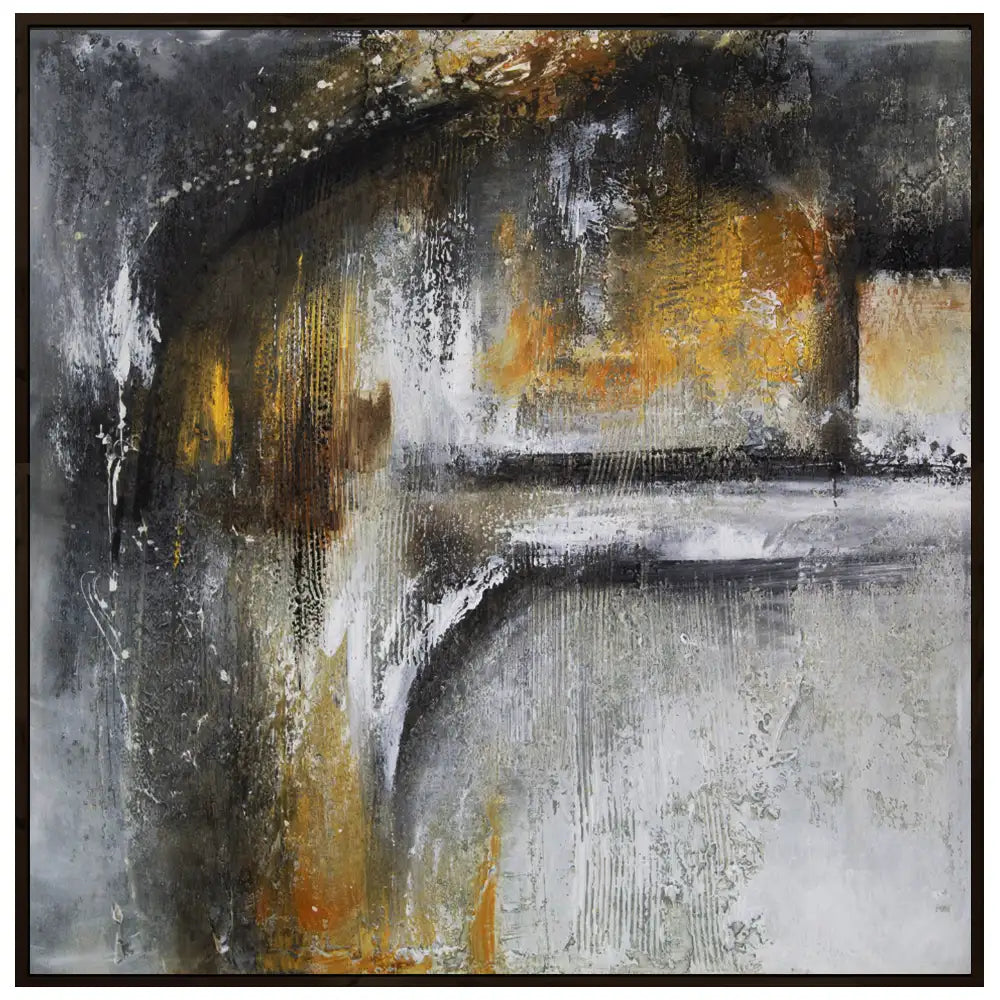 Cuadro abstracto pintado a mano con textura en tonos dorados y gris