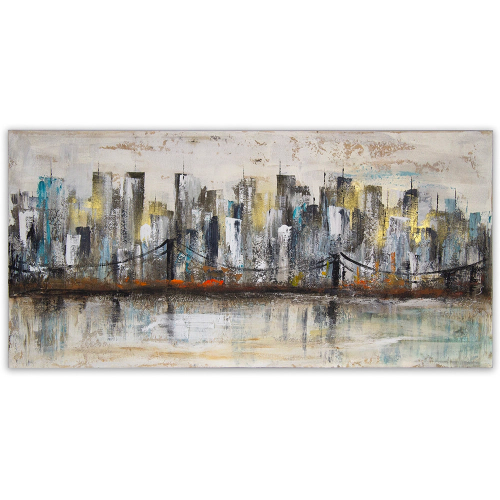 Pintura urbana con skyline y reflejo en agua