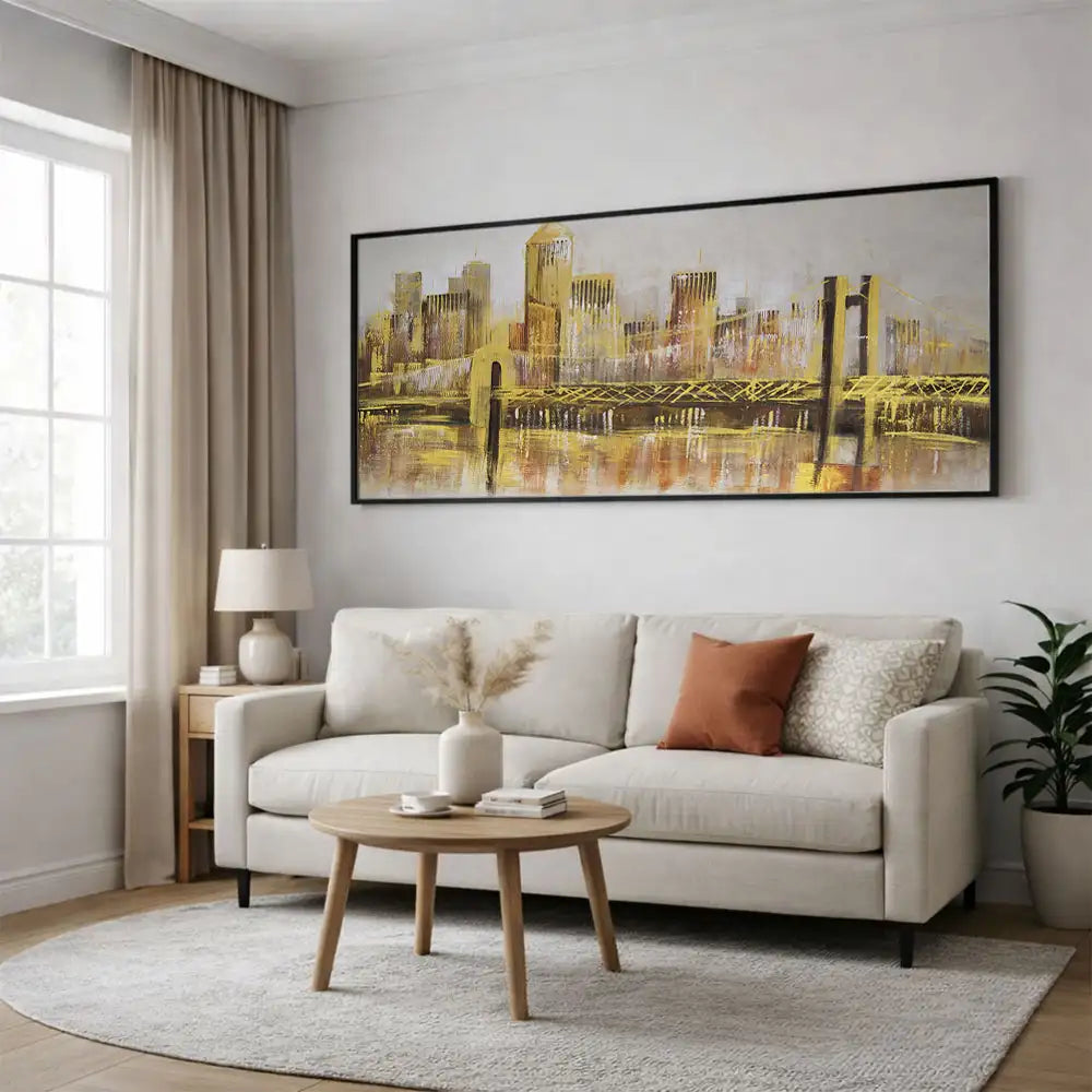 Cuadro de ciudad nocturna en tonos dorados