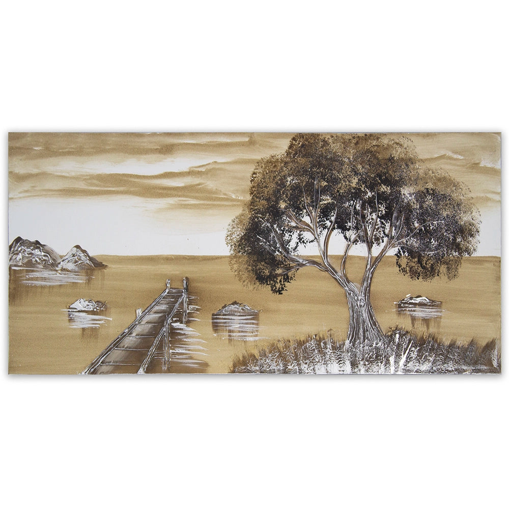 Cuadro de paisaje rural en tonos sepia pintado a mano