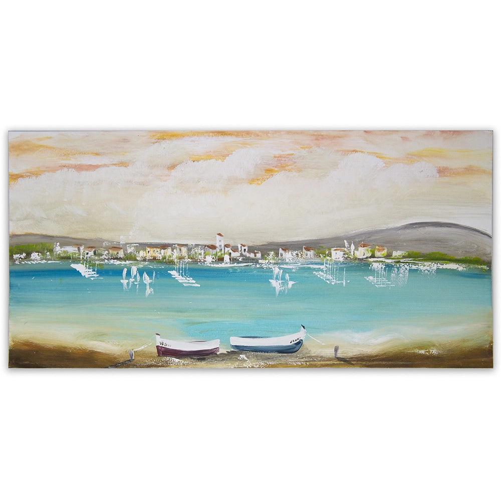 Cuadro mediterráneo moderno azul turquesa con barcos