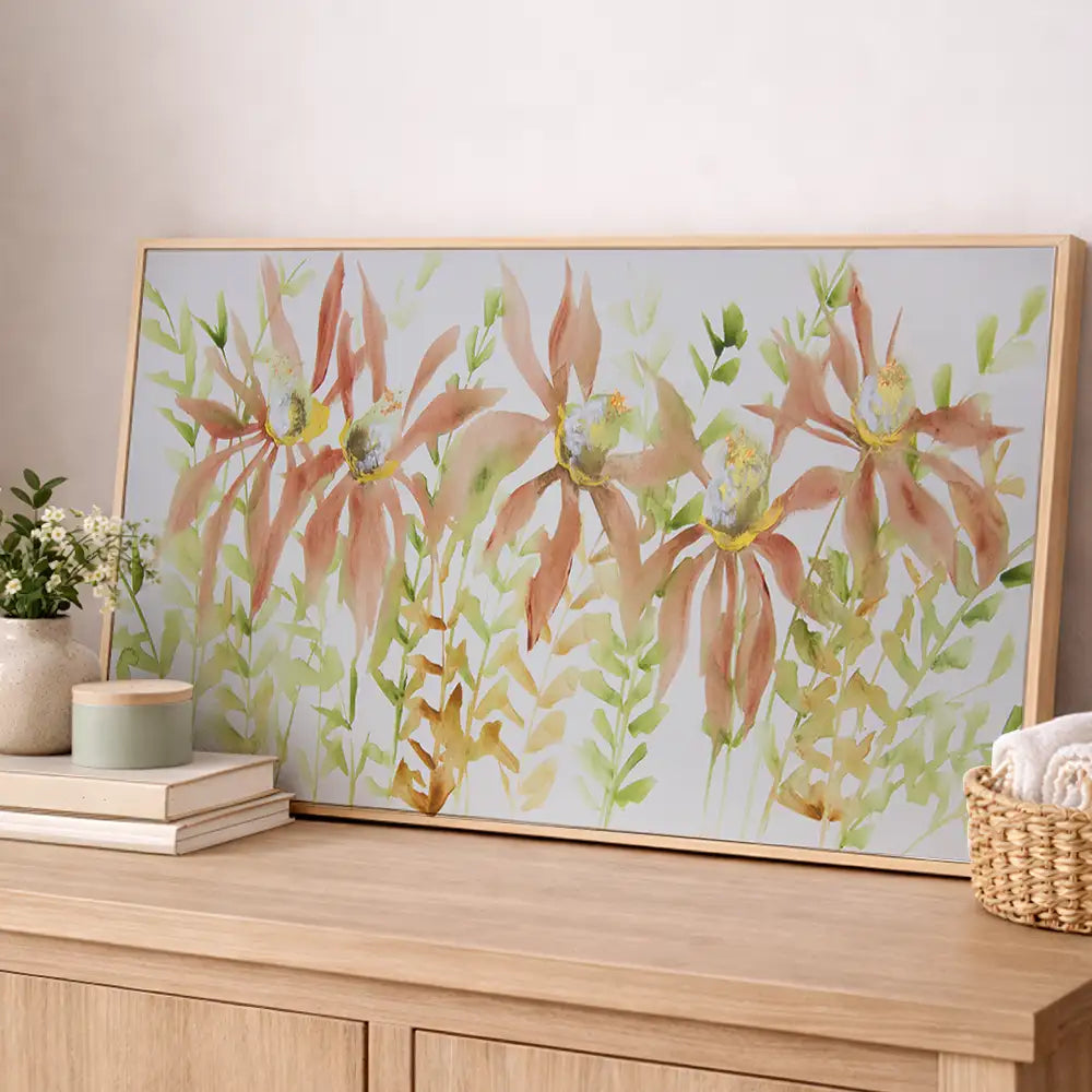 Cuadro botánico pintado a mano con flores coral