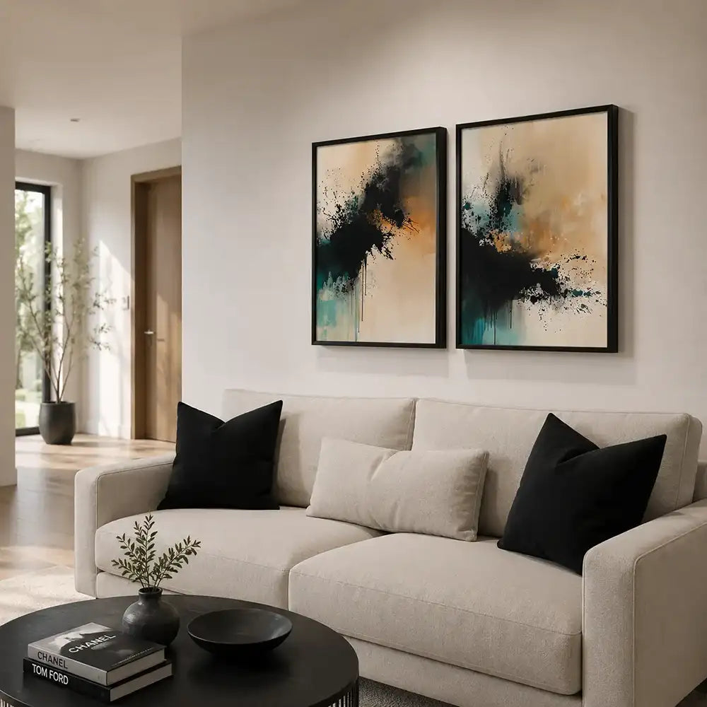 Conjunto decorativo en crema, negro y verde petróleo