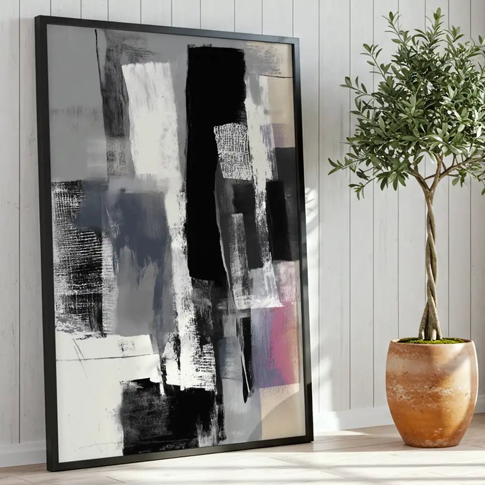 Cuadro abstracto con superposiciones en blanco, negro y gris - DekoArte