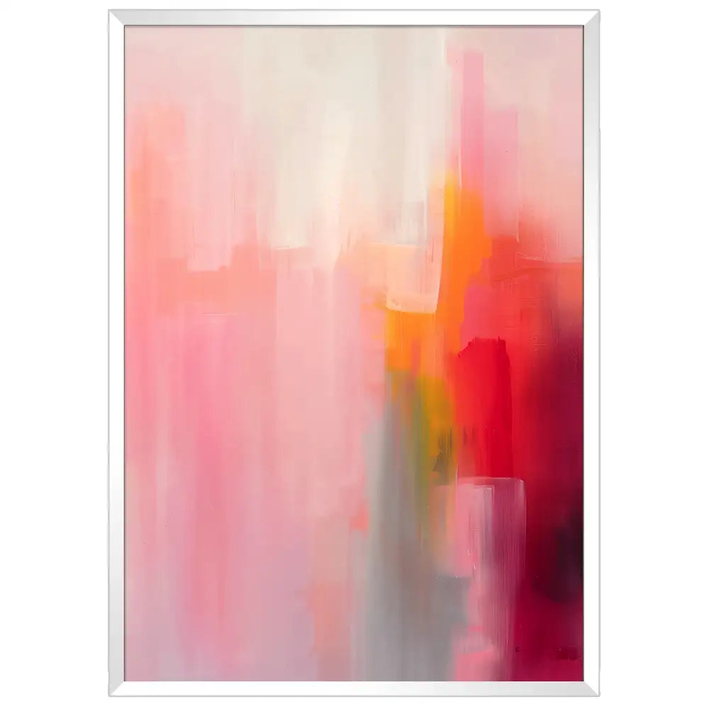 Cuadro abstracto en tonos vibrantes con marco blanco
