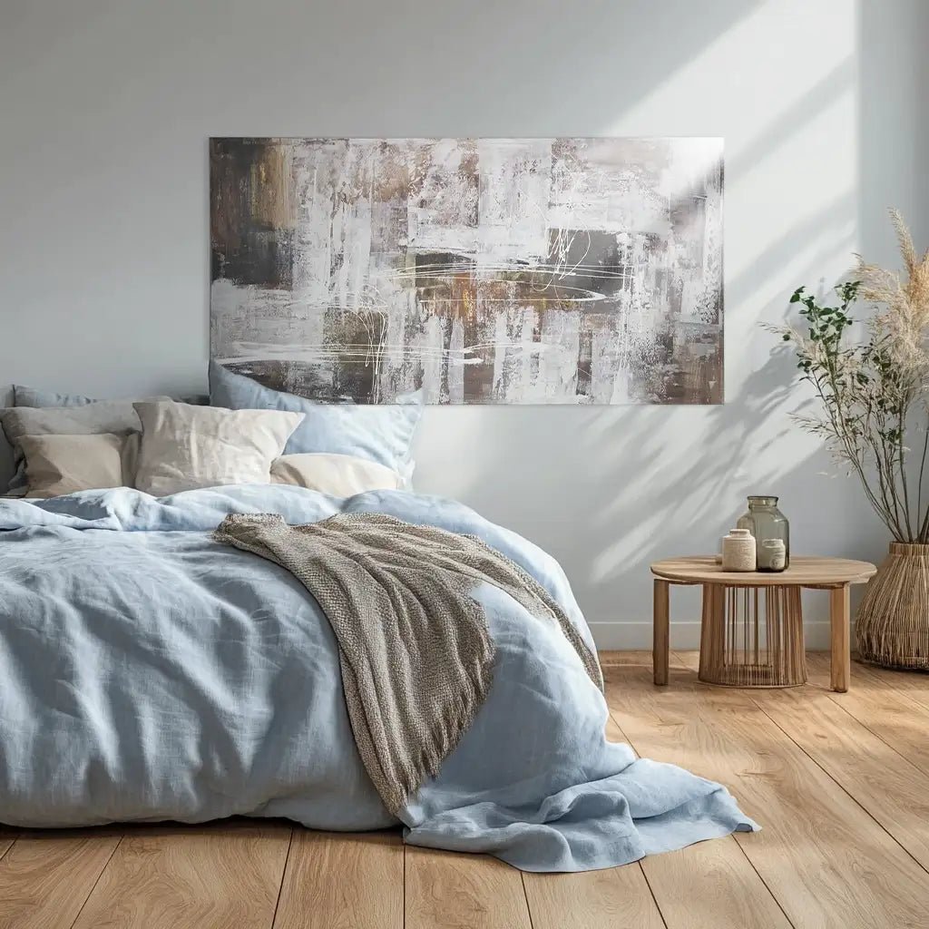 Cuadro abstracto moderno pintado a mano con líneas en blanco - DekoArte