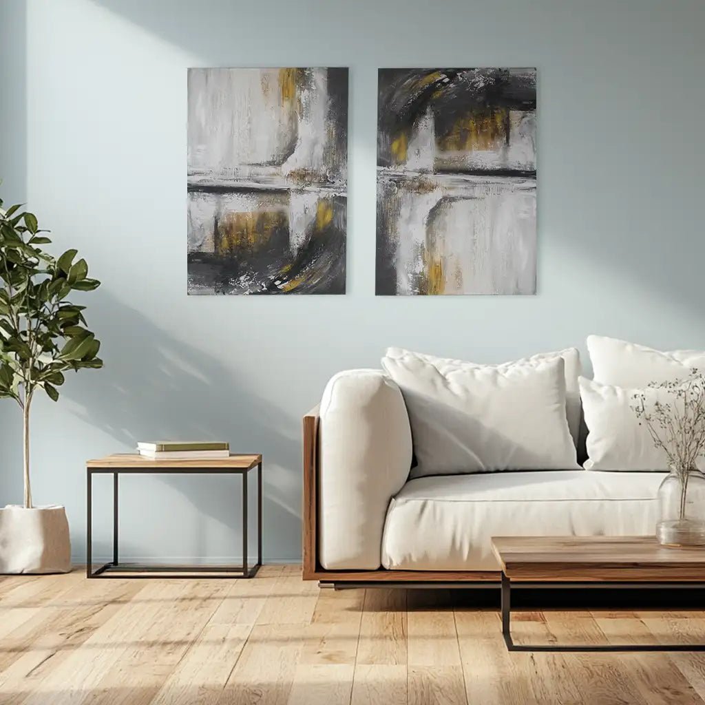 Cuadro abstracto pintado a mano con textura en tonos dorados y gris - DekoArte