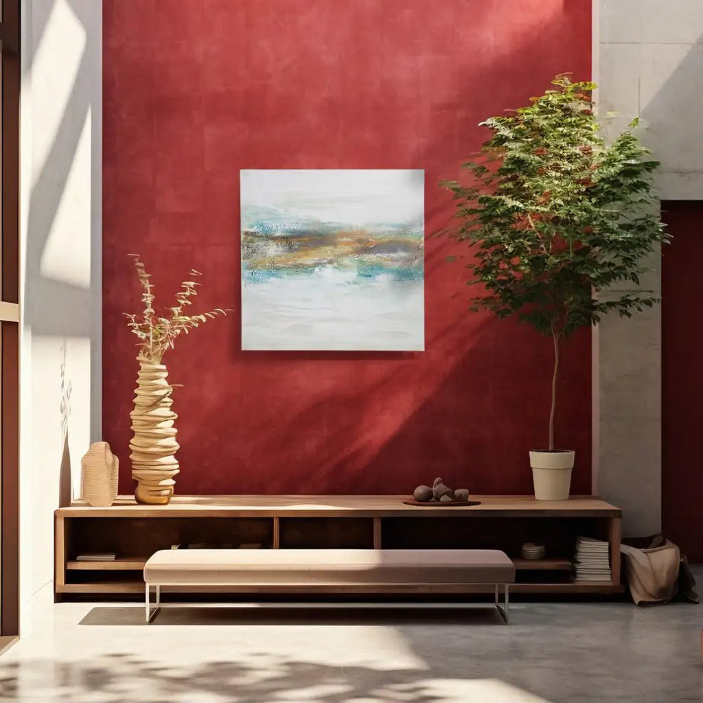 Cuadro abstracto pintado a mano con textura en tonos turquesa - DekoArte