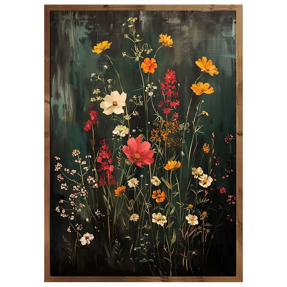 Cuadro de flores con fondo oscuro y colores cálidos - DekoArte