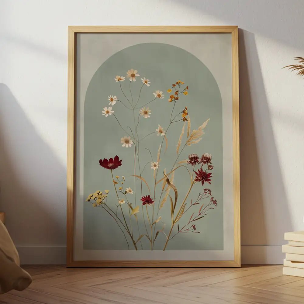 Cuadro de flores en fondo verde oliva empolvado - DekoArte