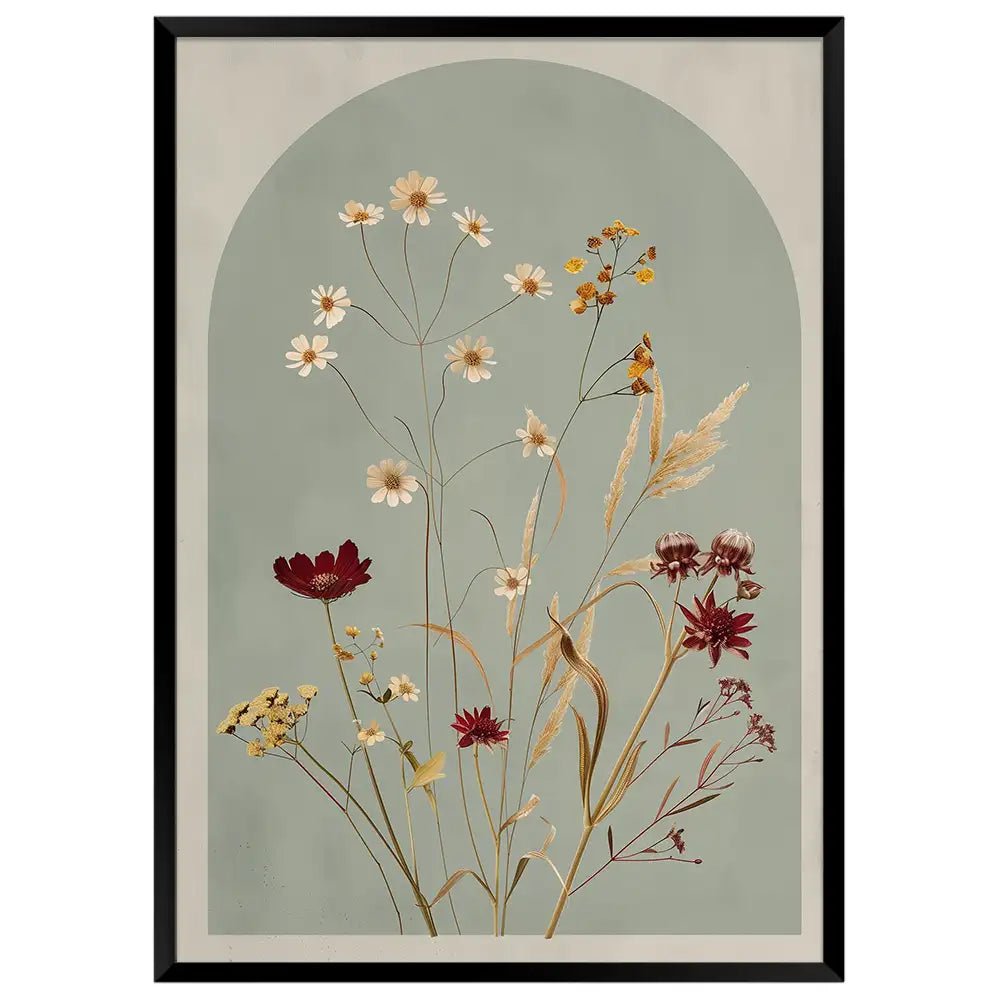 Cuadro de flores en fondo verde oliva empolvado - DekoArte