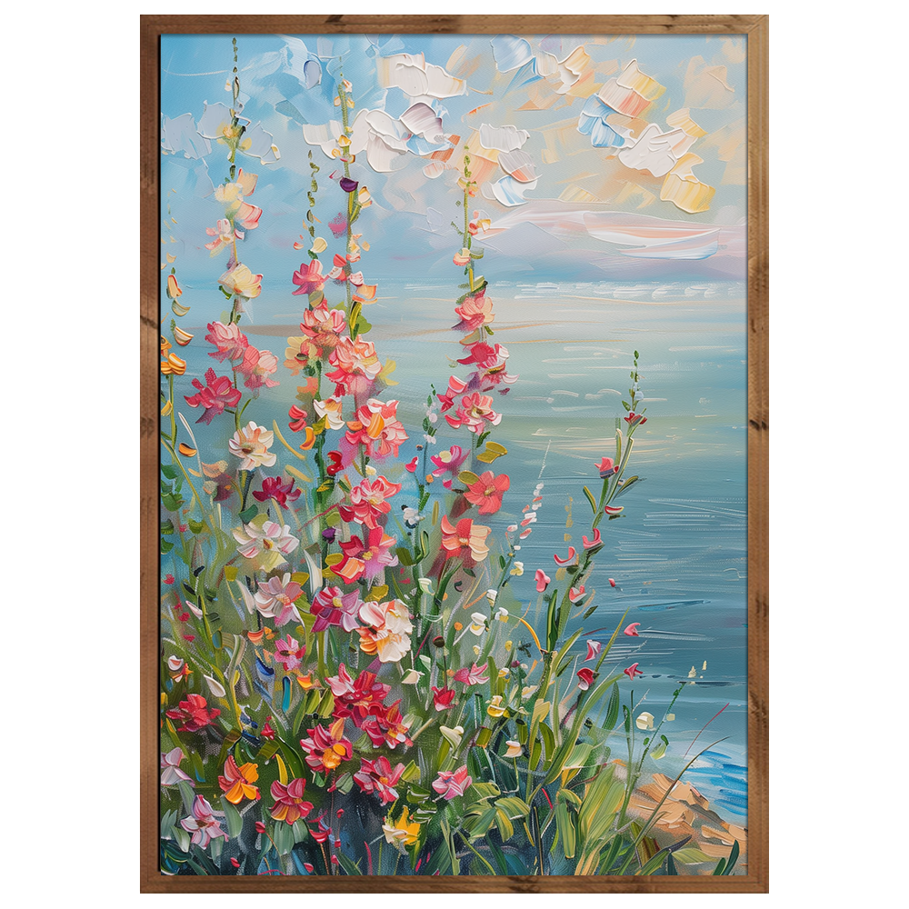 Cuadro de flores junto al mar con tonos suaves - DekoArte