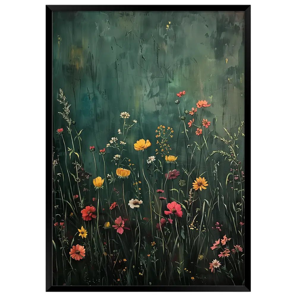 Cuadro de flores silvestres en fondo verde oscuro - DekoArte