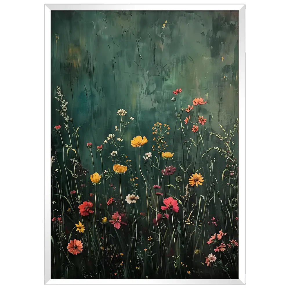 Cuadro de flores silvestres en fondo verde oscuro - DekoArte