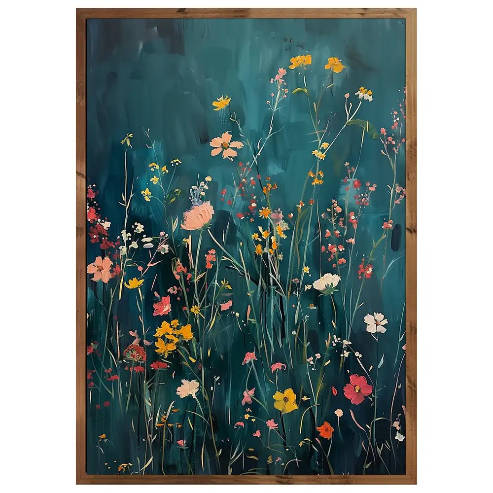 Cuadro de flores silvestres sobre fondo azul petróleo - DekoArte