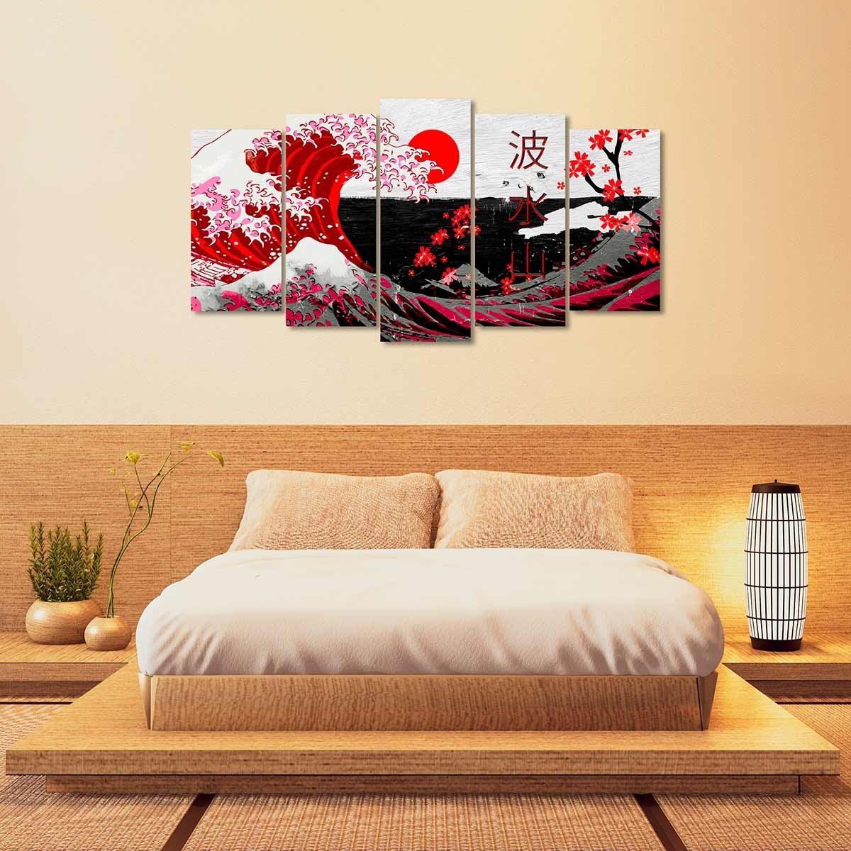 Cuadro en Lienzo Tríptico Adaptación De la Gran Ola de Kanagawa en Rojo - DekoArte