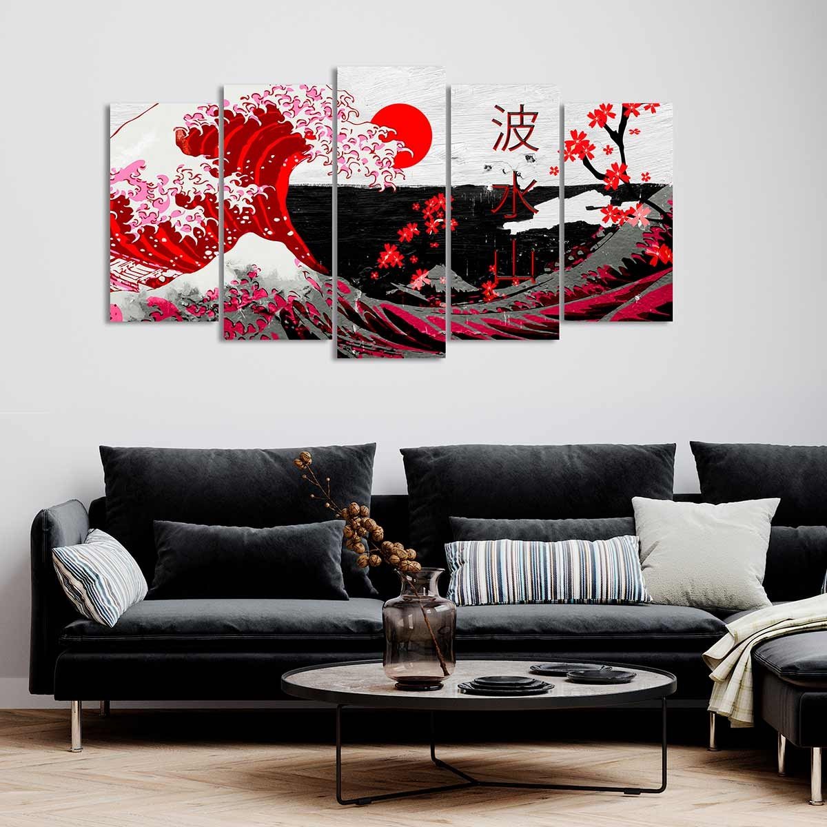 Cuadro en Lienzo Tríptico Adaptación De la Gran Ola de Kanagawa en Rojo - DekoArte