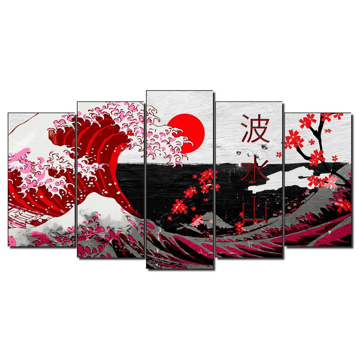 Cuadro en Lienzo Tríptico Adaptación De la Gran Ola de Kanagawa en Rojo - DekoArte