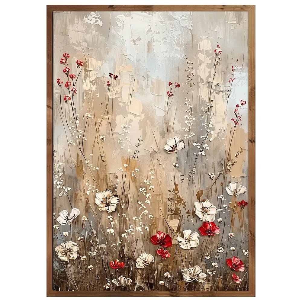 Cuadro floral con fondo beige y flores en rojo y blanco - DekoArte