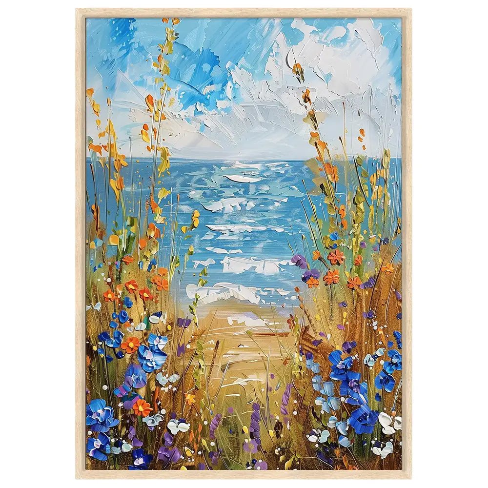 Cuadro floral con vista al mar y colores vivos - DekoArte