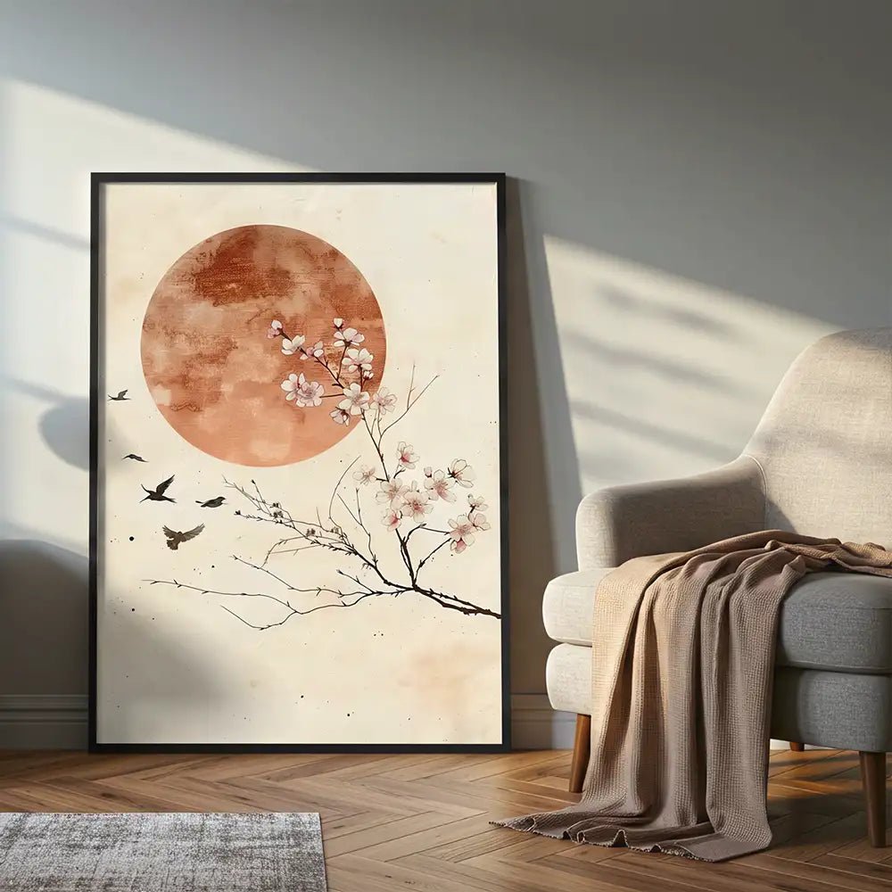 Cuadro Japandi con flor de cerezo y luna en tonos terracota - DekoArte