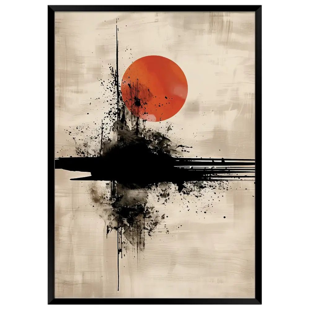 Cuadro Japandi de sol rojo y trazo negro | Estilo moderno - DekoArte