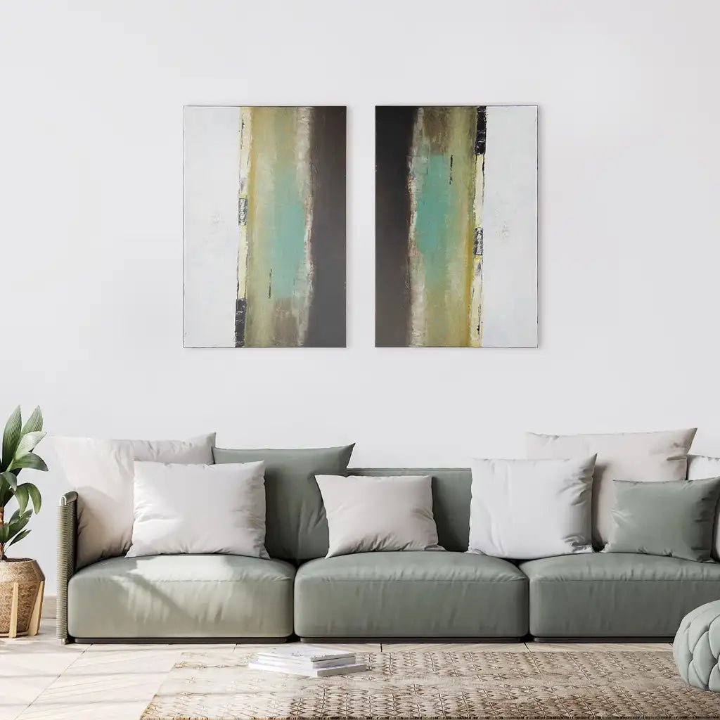 Cuadro pintado a mano en tonos aguamarina y ocres difuminados - DekoArte