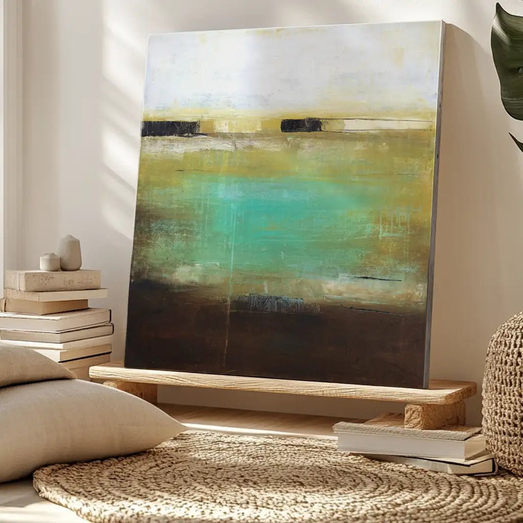 Cuadro pintado a mano en tonos aguamarina y ocres difuminados - DekoArte