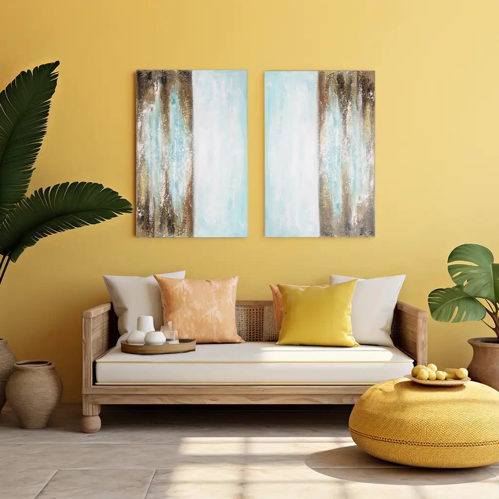 Cuadro pintado a mano moderno en tonos turquesa y dorado - DekoArte