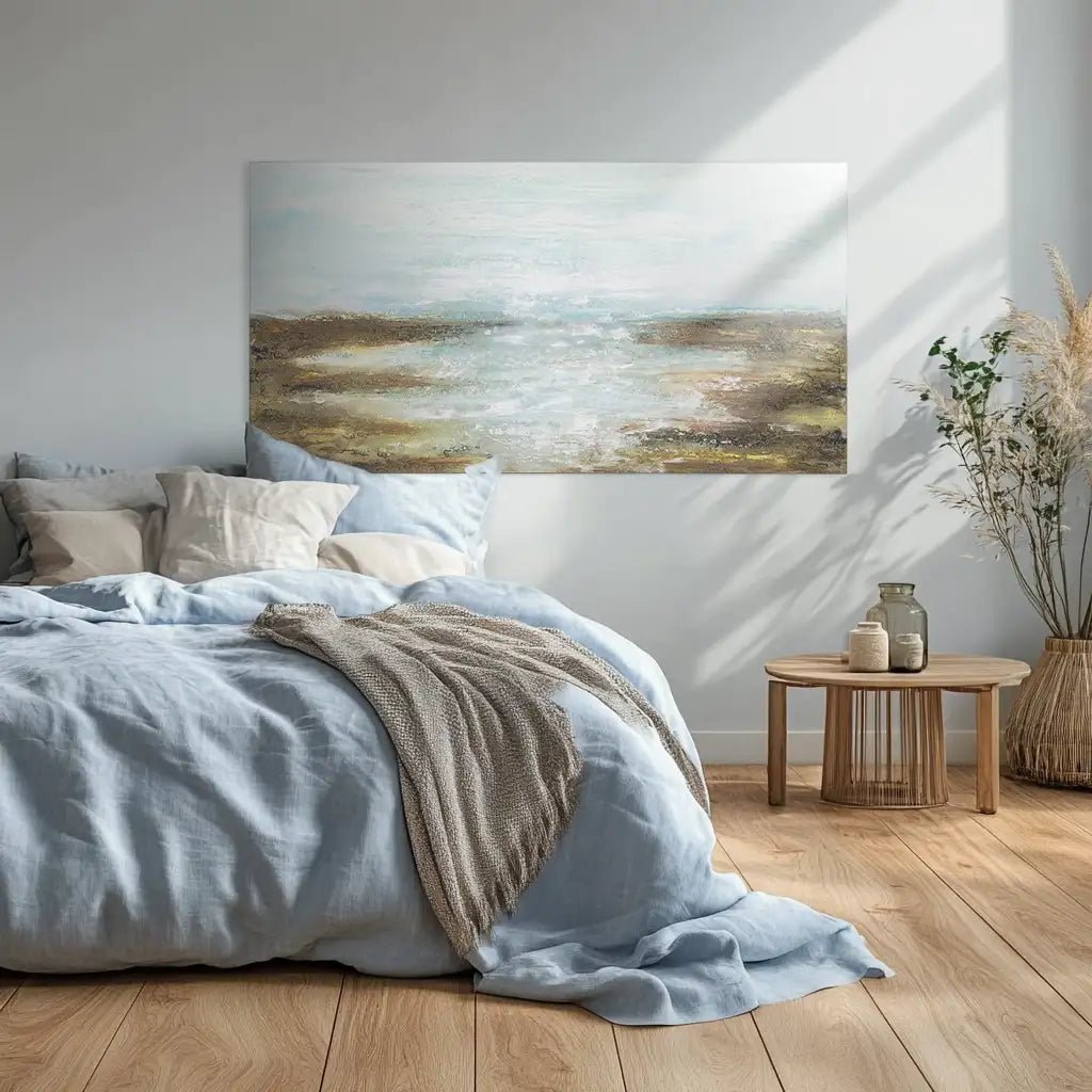 Cuadro pintado a mano moderno en tonos turquesa y dorado - DekoArte