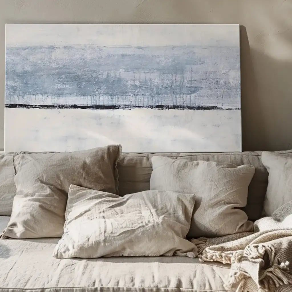 Cuadro pintado a mano original en tonos azul niebla y blanco - DekoArte