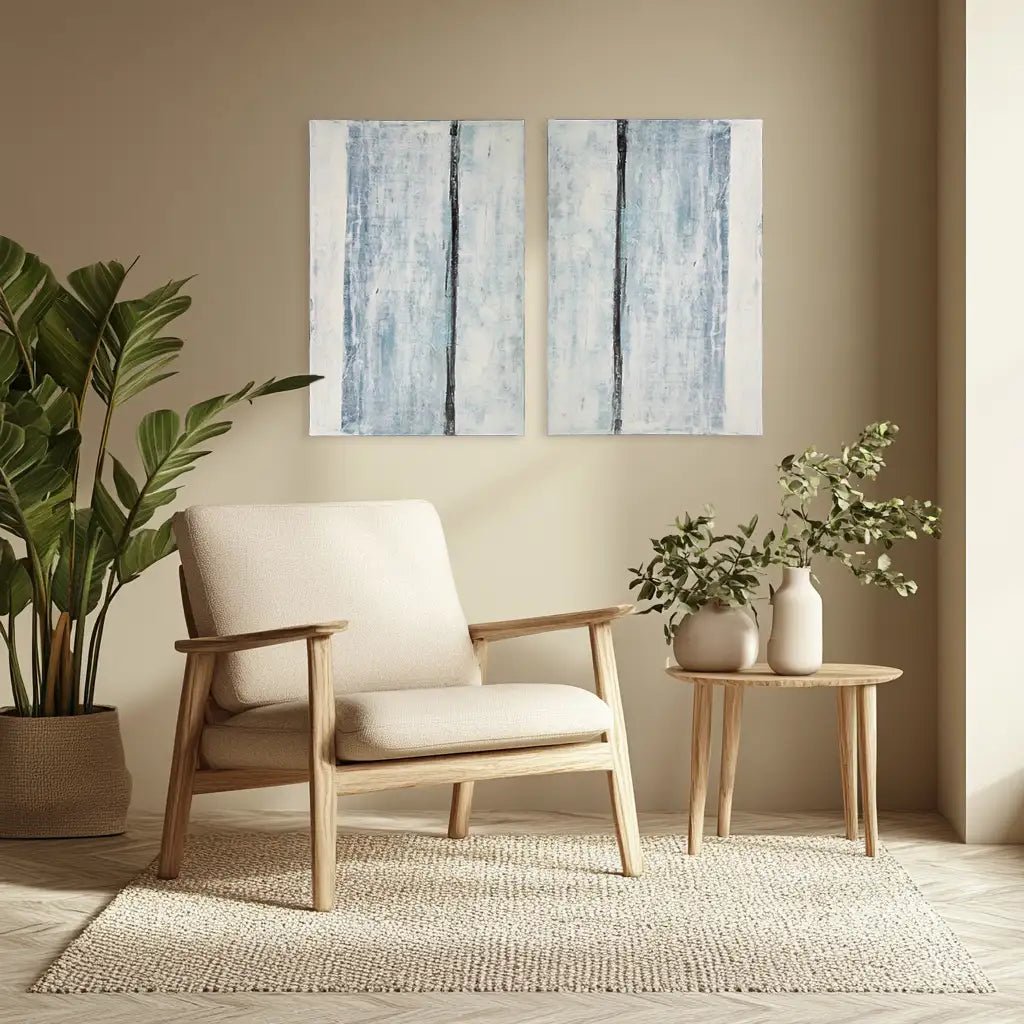 Cuadro pintado a mano original en tonos azul niebla y blanco - DekoArte