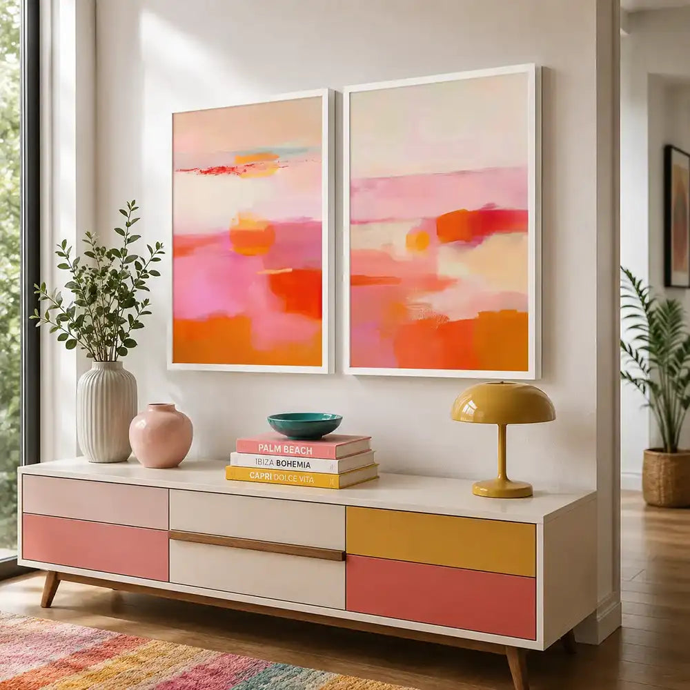 Conjunto enmarcado en coral, rosa y gris claro