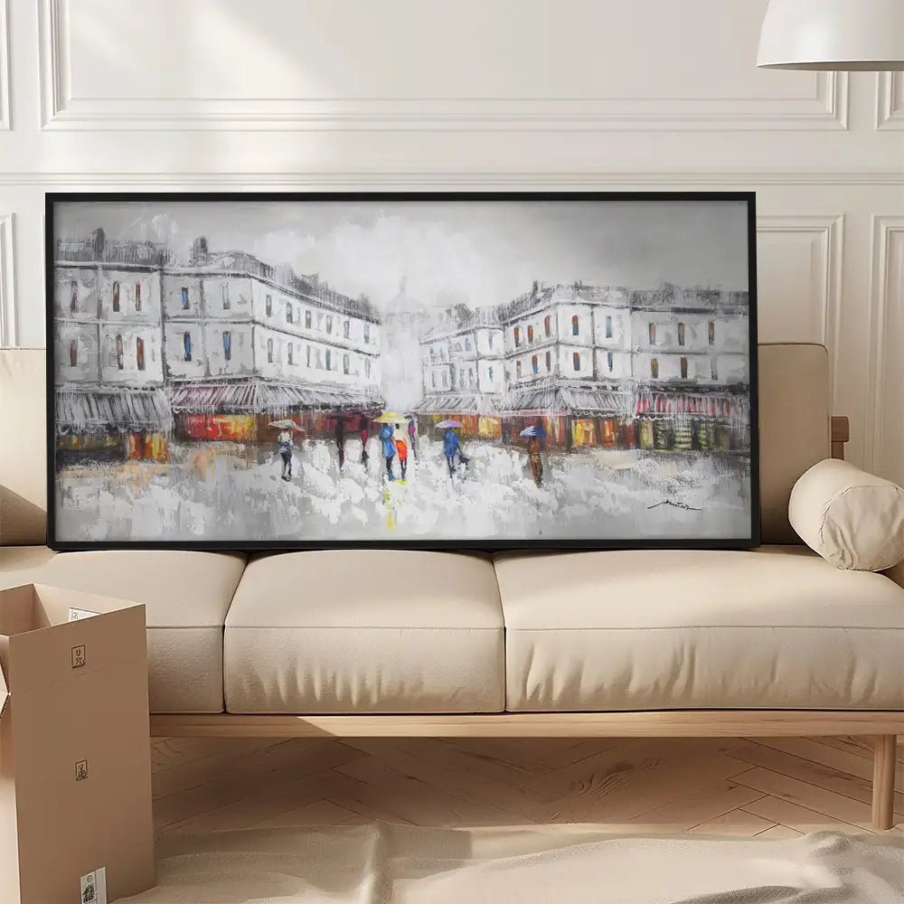 Figuración pintura urbana | Cuadro pintado con escena de plaza - DekoArte