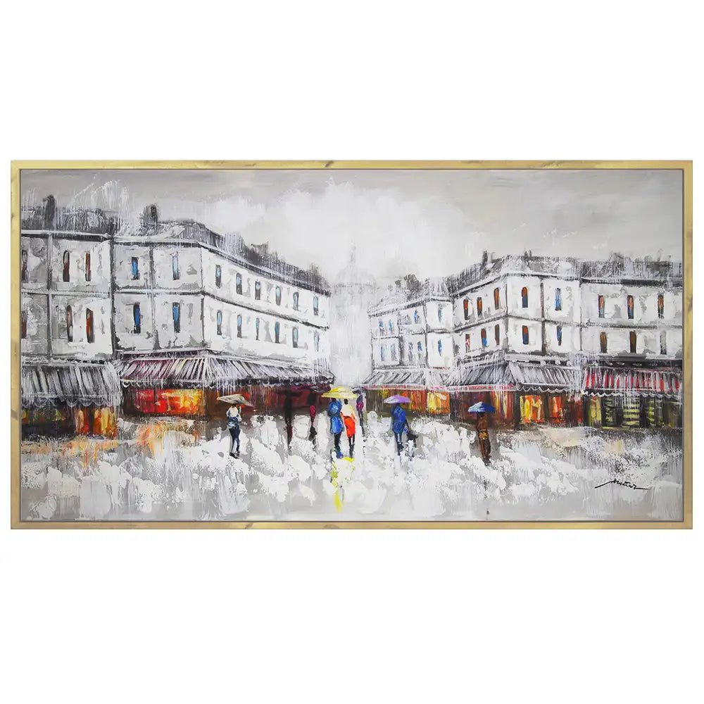 Figuración pintura urbana | Cuadro pintado con escena de plaza - DekoArte