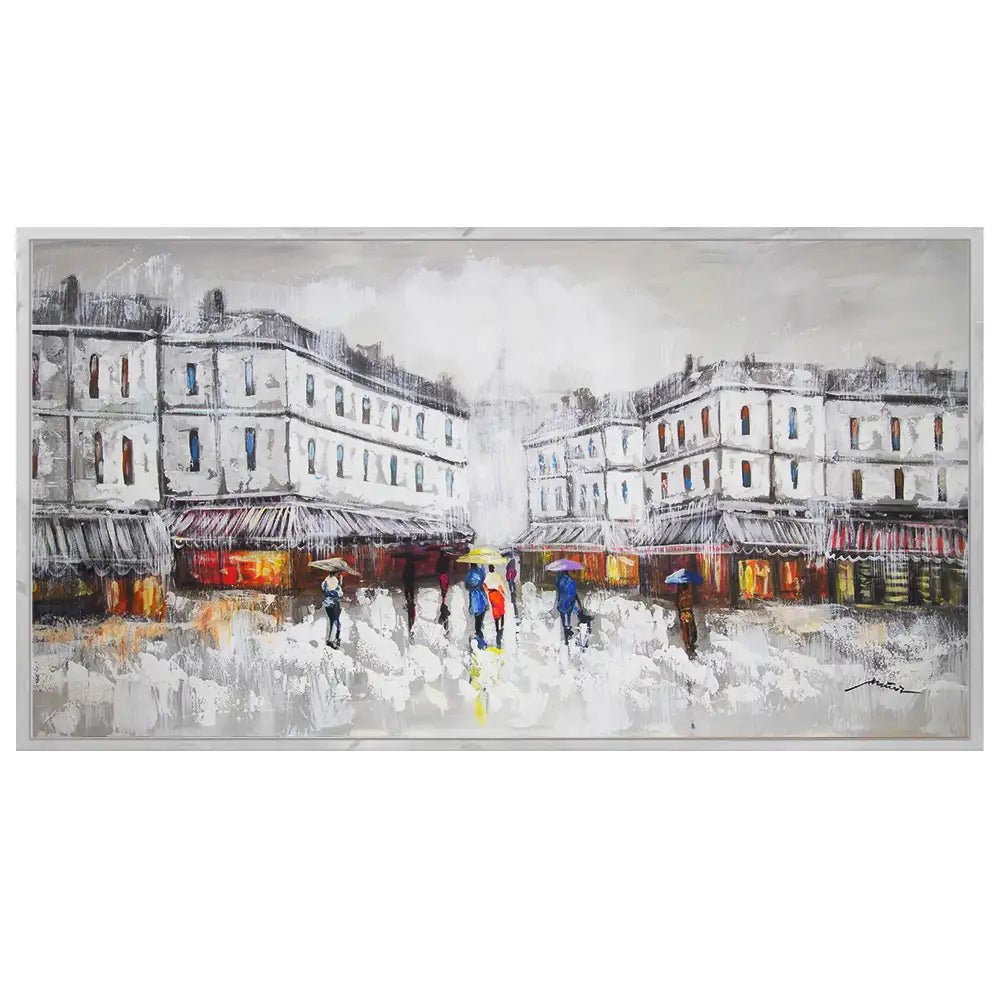 Figuración pintura urbana | Cuadro pintado con escena de plaza - DekoArte