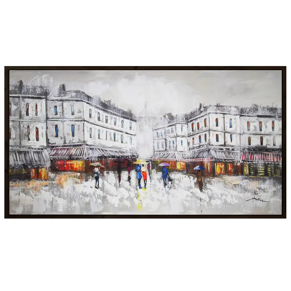 Figuración pintura urbana | Cuadro pintado con escena de plaza - DekoArte
