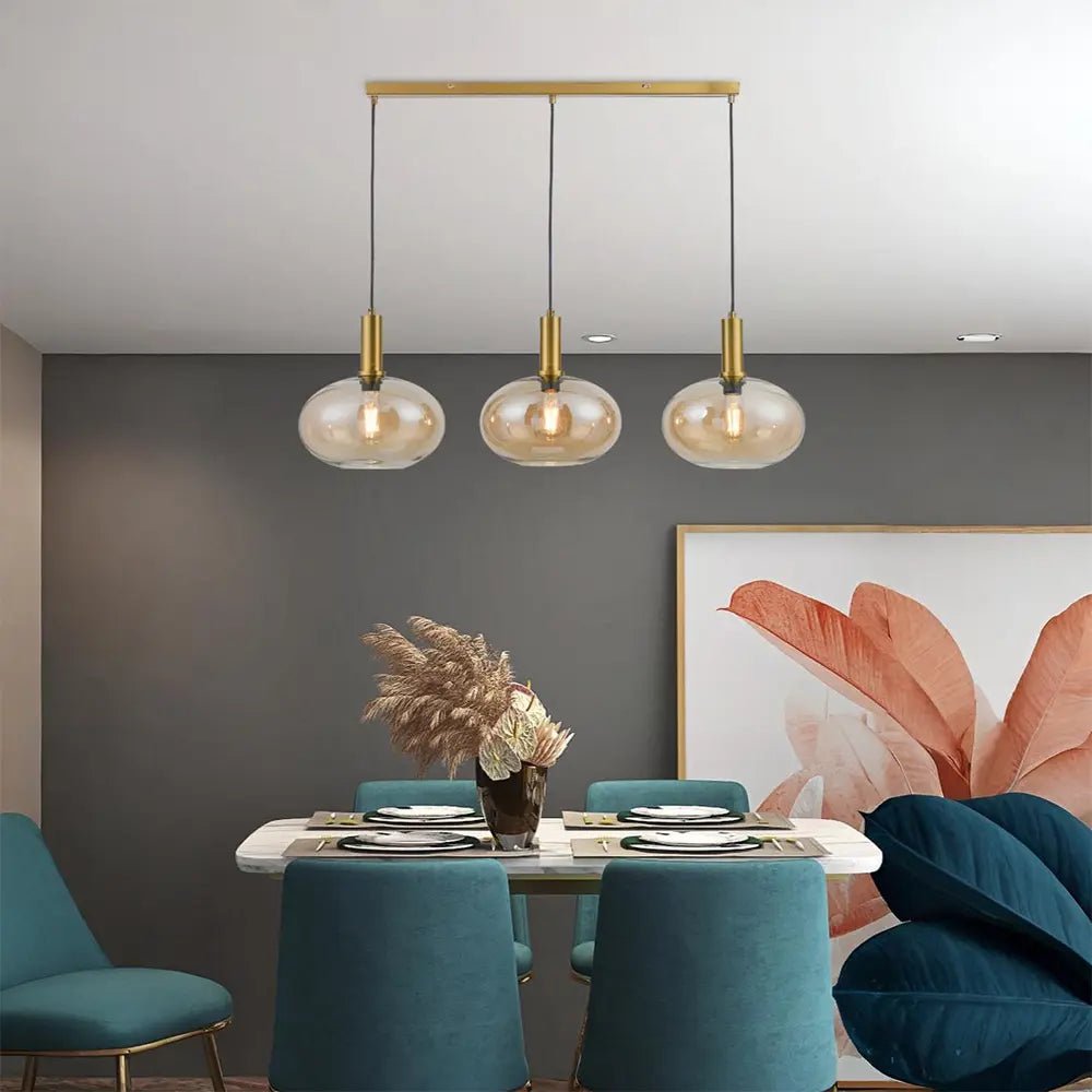 Lámpara colgante de 3 luces | Cristal ámbar y latón cepillado - DekoArte