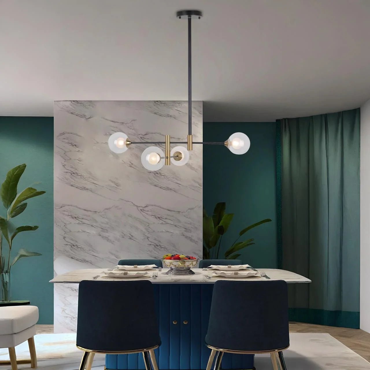 Lámpara colgante de 4 luces en negro y oro |Tulipa de Cristal Transparente - DekoArte