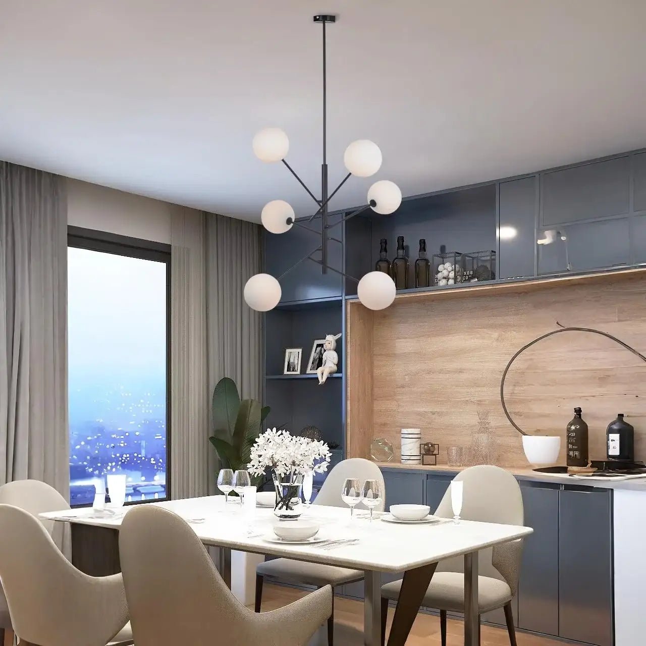 Lámpara colgante negra de 6 luces | Tulipa cristal Opal - DekoArte