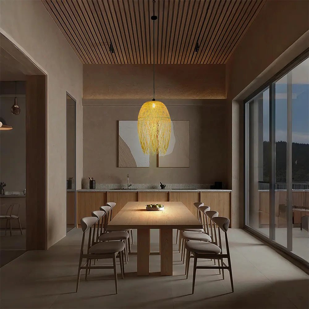 Lámpara de techo colgante de ratán e hierro | Natural y negro - DekoArte