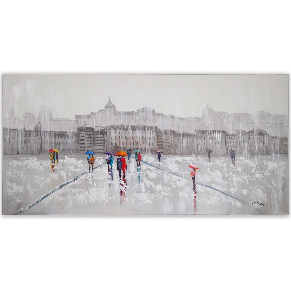 Pintura figurativa | Paseo bajo la lluvia con personas pintadas - DekoArte