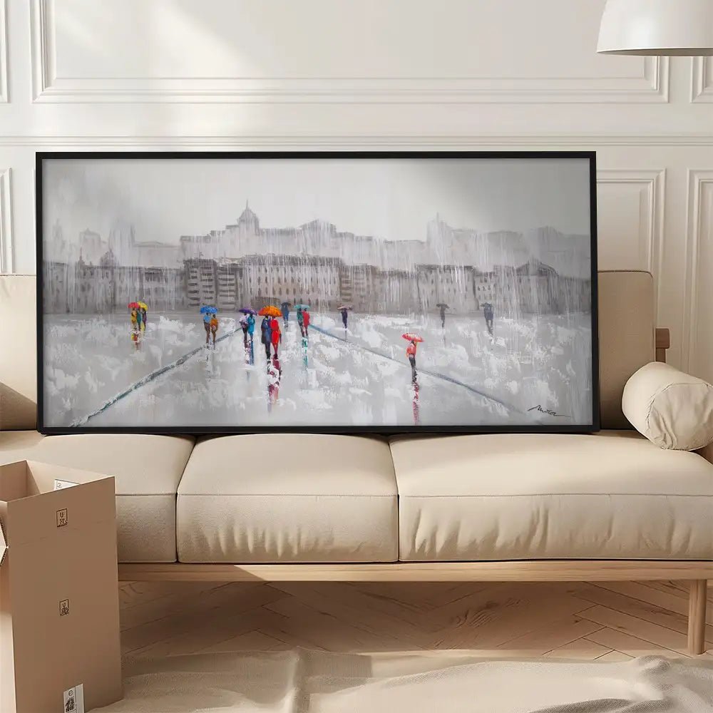 Pintura figurativa | Paseo bajo la lluvia con personas pintadas - DekoArte