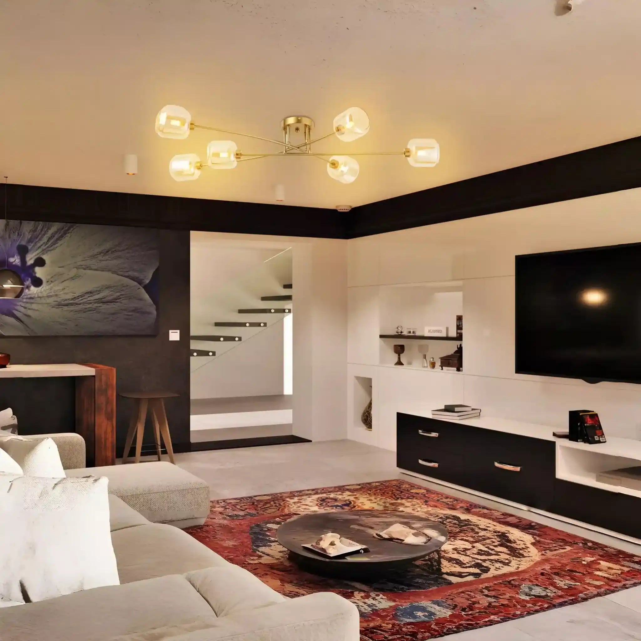 Plafon de 6 luces en latón cepillado y cristal ámbar - DekoArte