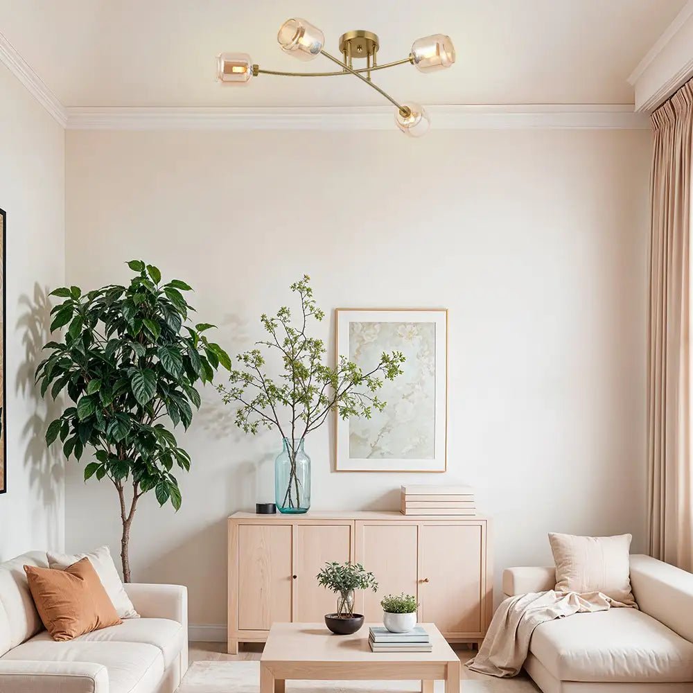 Semiplafón 4 luces en latón cepillado y cristal ámbar - DekoArte