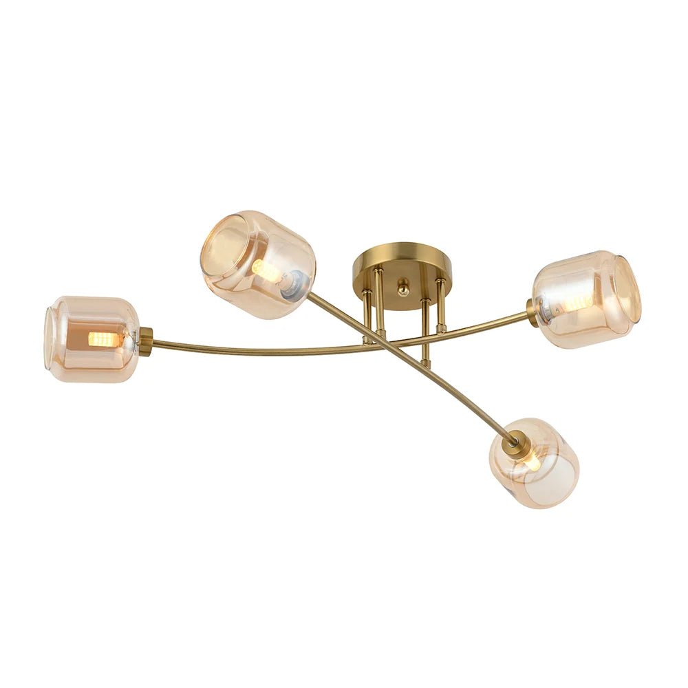 Semiplafón 4 luces en latón cepillado y cristal ámbar - DekoArte