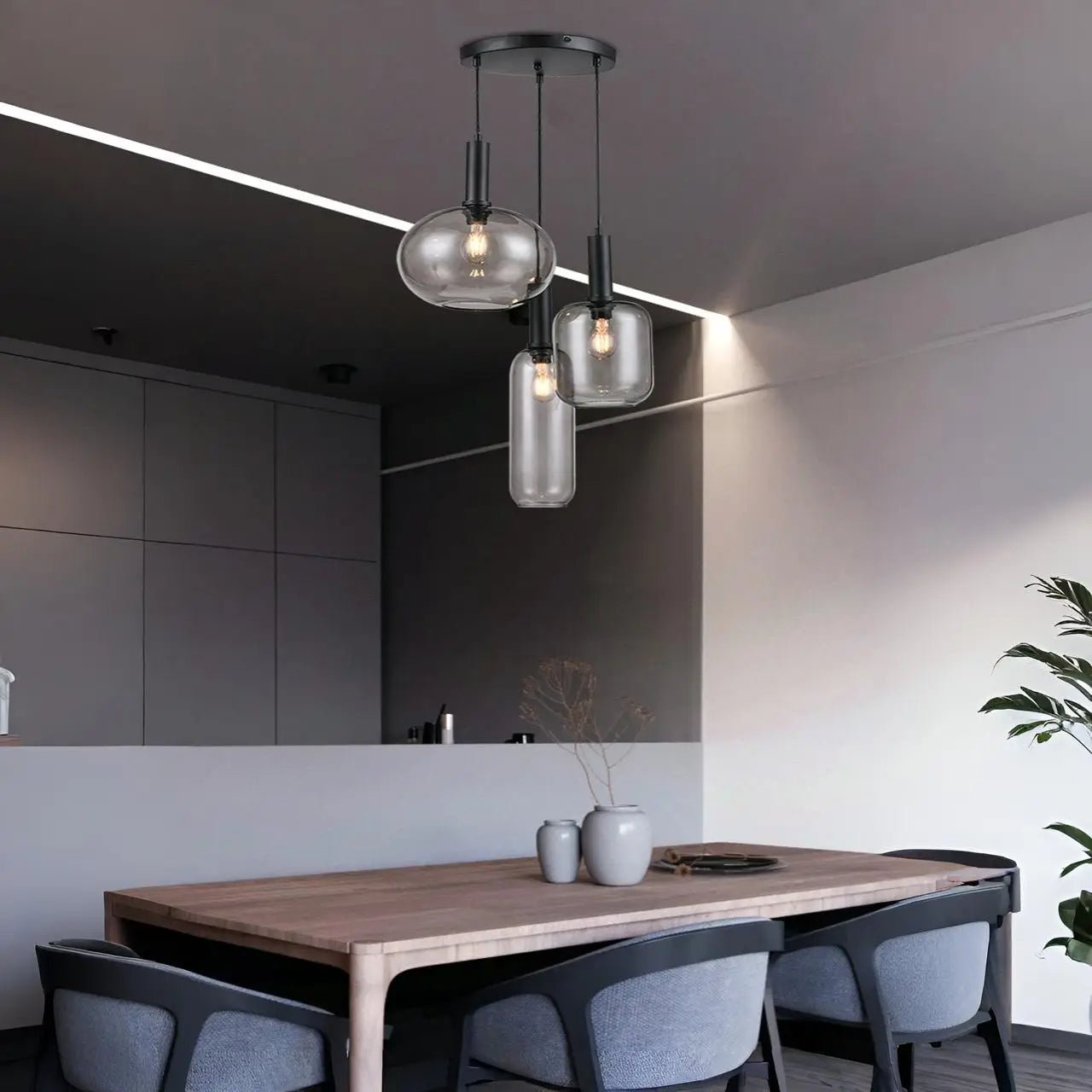 Trio de Lámparas de techo colgante en negro y cristal fumé - DekoArte