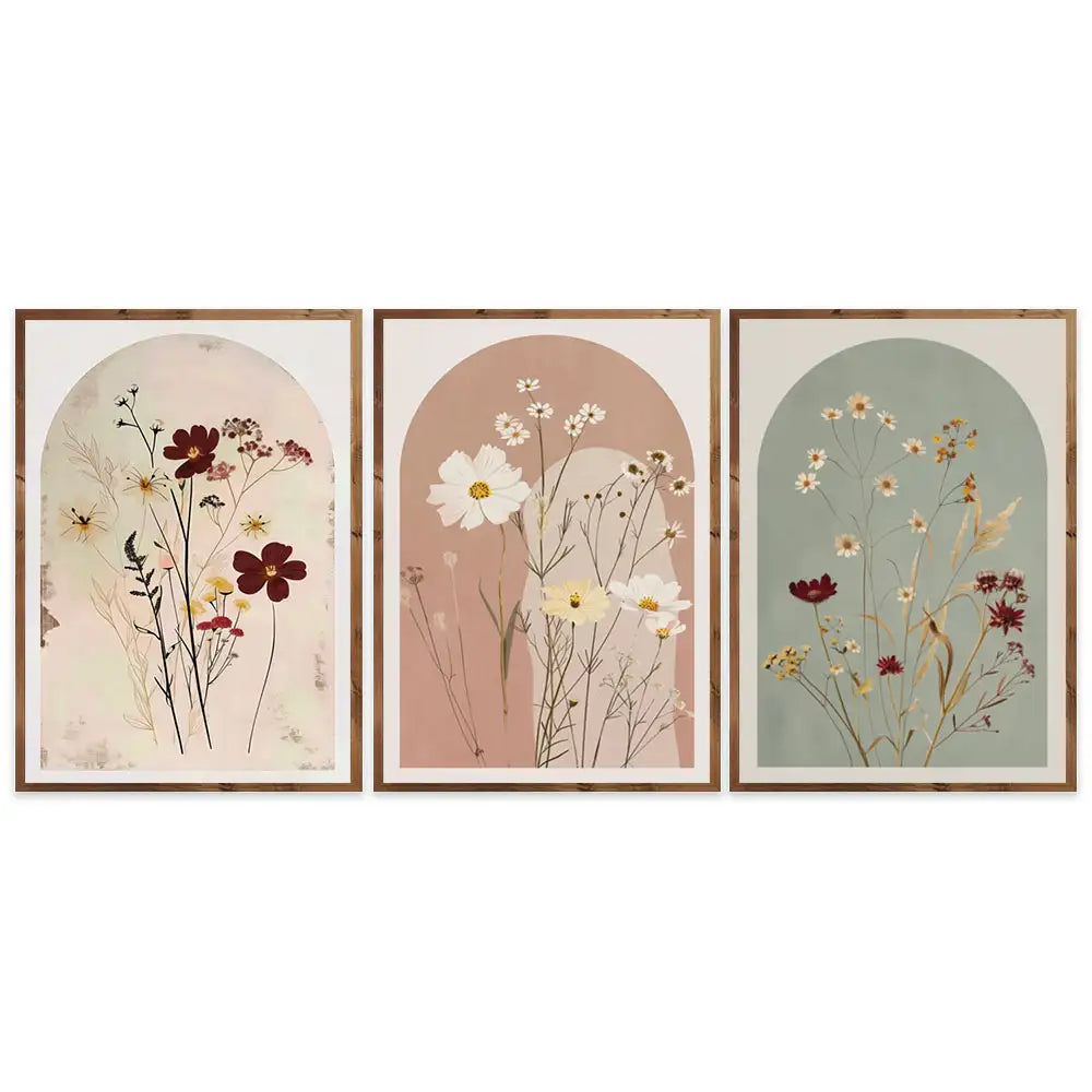 Set de 3 cuadros de herbario en tonos naturales